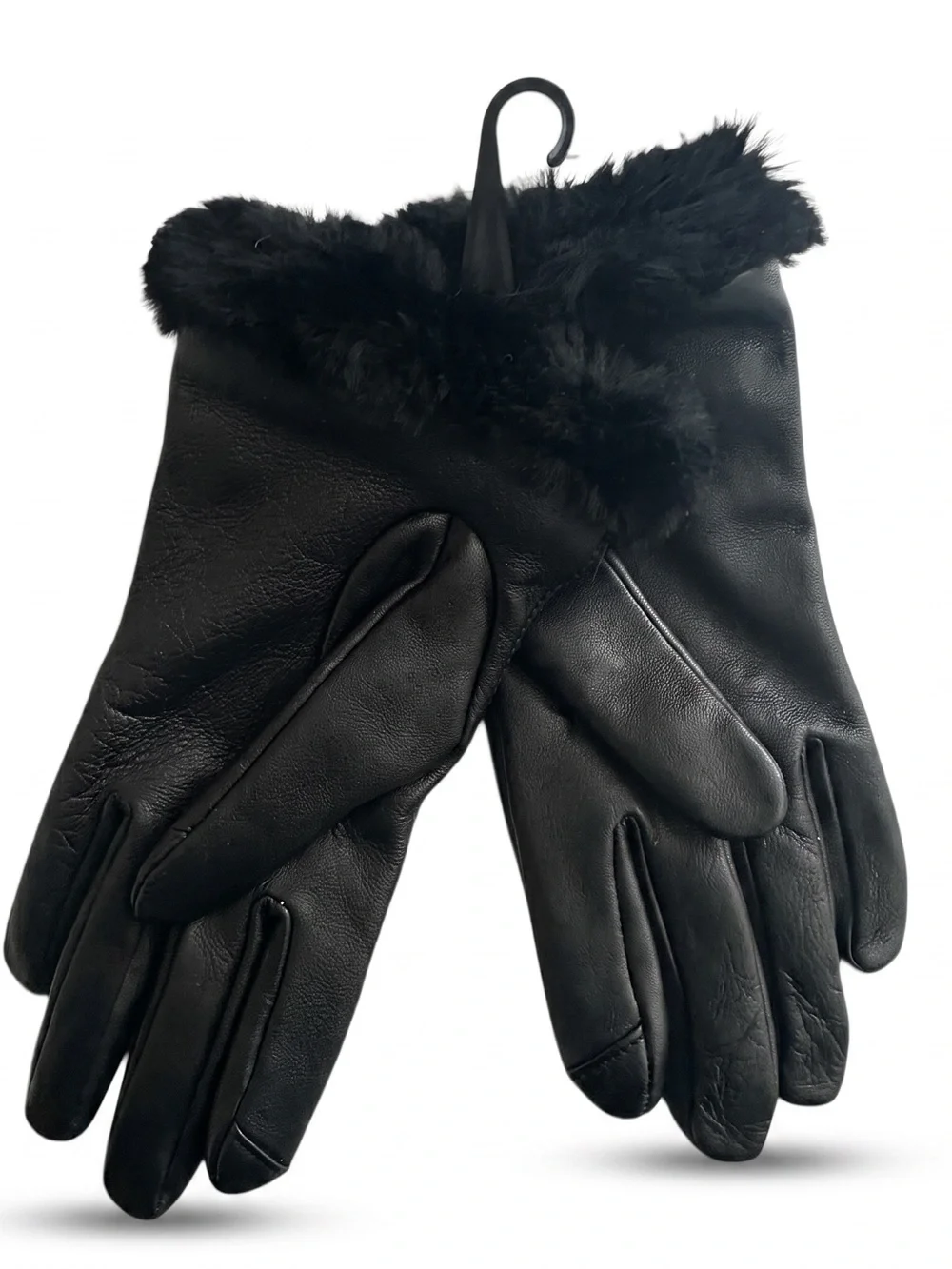 UGG Leather Tech Touch Gloves Cashmere Lined Shearling Cuff Black Sz Large NWT